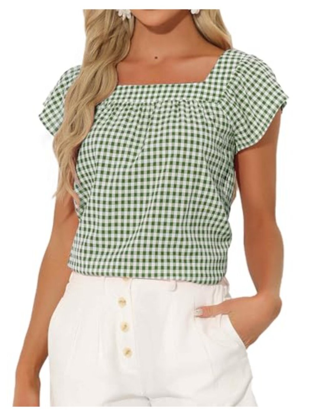 Gingham Square Neck Cap Sleeve Blouse Relaxed Fit Summer Top